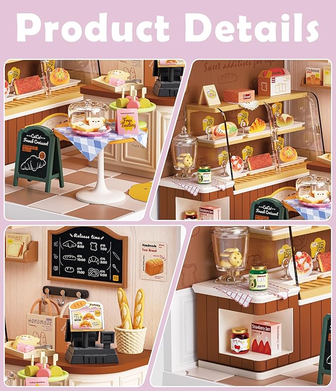 Miniature Bakery Dollhouse Kit - Sunny Pastry Shop DIY Room with Glass Door &amp Protective Roof &amp LED Lights - Creative Building Toy for Adults Teens and Kids - Unique Gift Idea