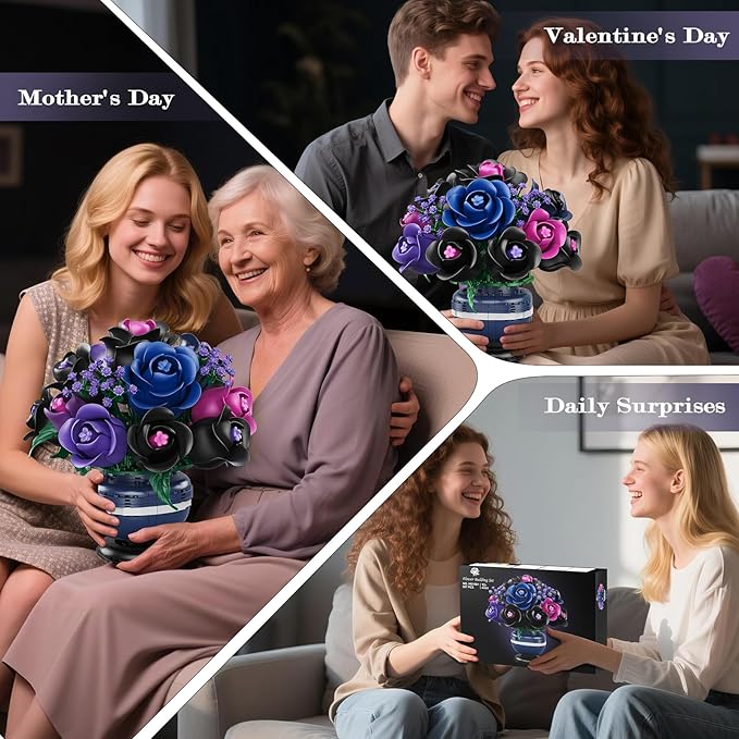 Flowers Botanicals Building Set - Artificial Purple Black Rose Bonsai Plant for Home Decor 507PCS Artificial Flowers Building Set Indoor Gothic Decoration Easter Birthday Gifts for Adults