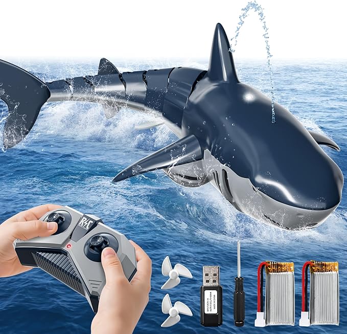 2.4GHz Remote Control Shark Toys for Boys1:18 Scale High Simulation Shark Toys with Light &amp Spray RC Sharks for Pools &amp Lakes Toy Shark Boat Gift for 4 5 6 7 8 9 Year Old Kids Boys Girls