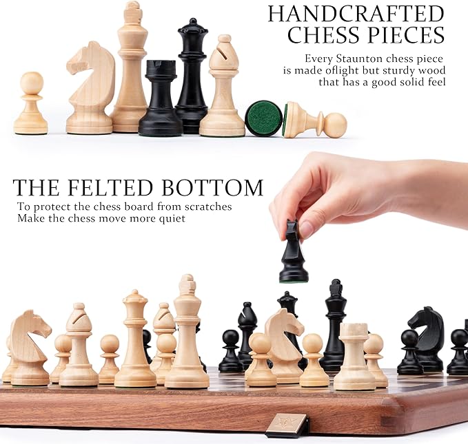 A&ampA Premium Folding Chess Board Game Set 15 Wooden Chess Board &amp 3 King Height Staunton Chess Pieces with 2 Extra Queens Portable Travel Chess Set (Natural Mahogany 15 Inches)