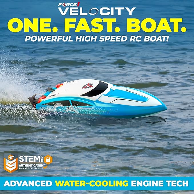 Force1 Velocity Blue Fast RC Boat- Remote Control Boats for Adults and Kids Underwater Speed Racing Mini RC Boats for Pools and Lakes 2.4GHZ Transmitter 2 Rechargeable Batteries Low Battery Alert