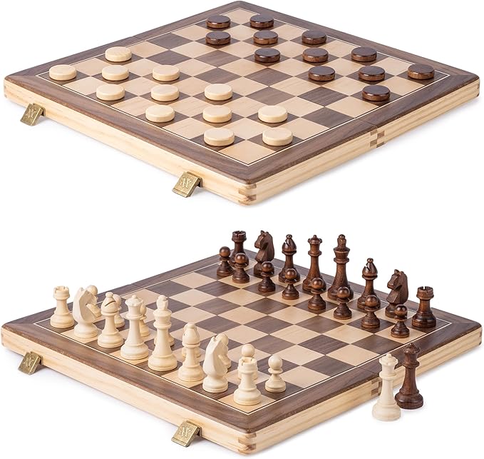 A&ampA 15 Magnetic Wooden Chess Set/Folding Board / 3 King Height German Knight Staunton Chess Pieces/Mahogany &amp Maple Inlaid /2 Extra Queen
