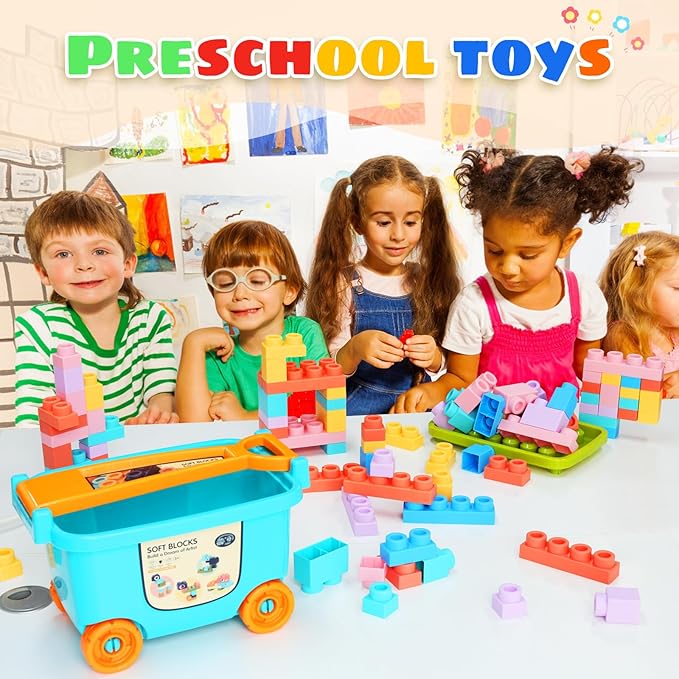 Large Particle Soft Building Block Toys with Storage Box with pull rods for Toddler Aged 18 Months to 6 Years old.Preschool Toys Suitable for Kindergarten Parent-child Interaction etc(81P)