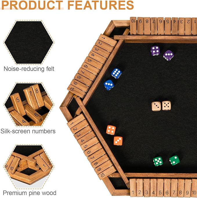 1-6 Players Shut The Box Dice Game Wooden Board Table Math Game for Kids Adult with 24 Dice Close The Box Game for Family Party Christmas Birthday
