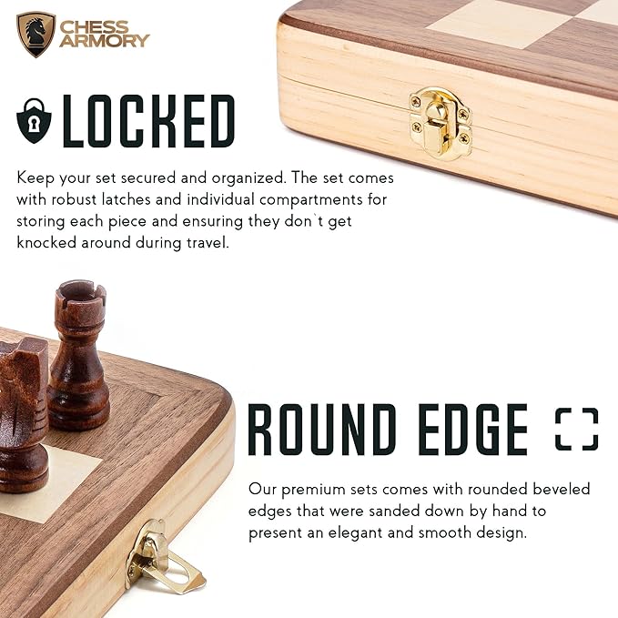 Chess Armory Wooden Chess Set 15 Inch - Classic Handcrafted Game Board for Adults with Extra Queen Pieces and Storage Box - Ideal for Home and Travel - Non-Magnetic