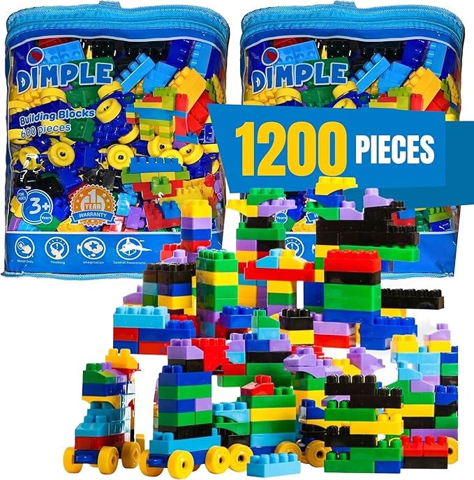 Dimple Large Blocks for Toddlers/Kids Stackable Multi-Colored Interlocking Toys Safe Non-Toxic Plastic Bright Colors Waterproof Boys and Girls Age 3 + (1200 Pieces)