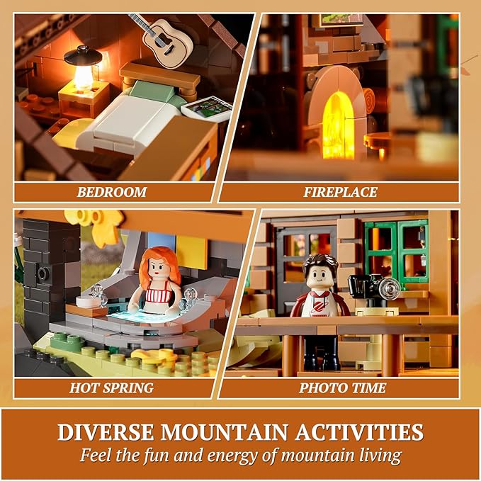 FUNWHOLE Mountain-Cabin House Lighting Building-Bricks Set - Friends Mountain House and Treehouse Collection LED Light Building Set 2255 Pcs for Adults and Teen