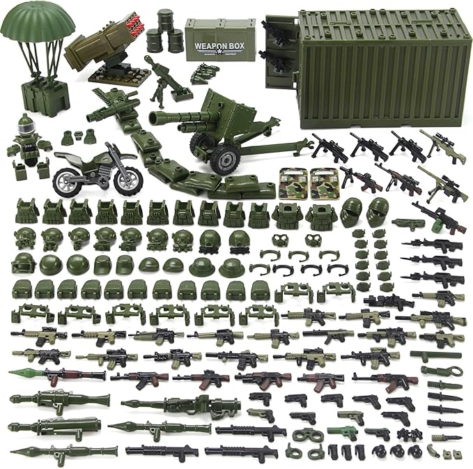 Military Weapons Pack with Shipping Cargo Container Army Equipment Helmet Armor 325Pcs Various of Military Accessories Building Block Toy Compatible with Major Brands Soldier Figures (Jungle Green)