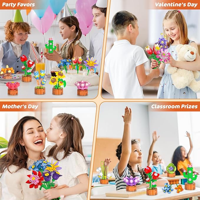 24 Pack Easter Basket Fillers Flowers Party Favors for Kids Building Set - 827PCS Botanicals Succulent 3.6MM Mini Building Blocks Toy for Goodie Bag Stuffer Classroom Prize Gift for Kids Girls Boys 6+