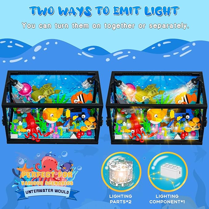 8 in 1 Aquarium Building Sets with Light Compatible with Lego Fish Tank Building Kits Including Sharks Turtles Octopus Sea Animal Party Favor Toys for Boys Girls Kids Aged 8-12 640PCS