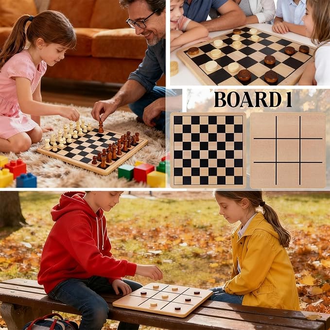 Glintoper 5-in-1 Wooden Board Game with 2 Reversible Boards for Chess Checkers Chinese Checkers Snakes and Ladders Tic Tac Toe Tabletop Combo Classic Portable Board Games for Kids to Adult