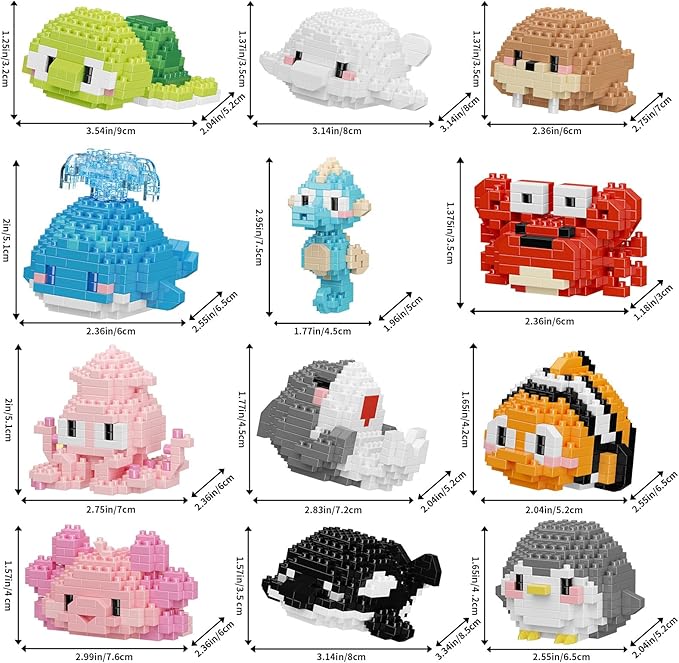 Small Toy GiftParty Favors for Kids12 Boxes Marine Animals Micro Mini Building Blocks Set Birthday Gift for Kids Ages 8-16+