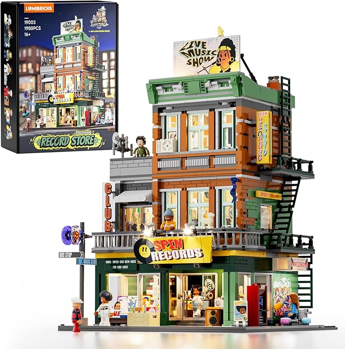 Record Store Lighting Building Bricks Set - Street Fusion City Town Audio Shop Multi-Form Modular Collection Kit 1980 Pcs for Adults &amp Teen &amp Music Lovers