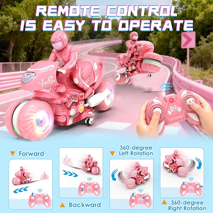 Remote Control Motorcycle for Girls with RGB Wheels Lights RC Motorbike Toy 360° Rotations 55 Min Play Stunt Motocross with Rider 2.4Ghz RC Dirt Bike Birthday Xmas for Girls 4-12 (Pink)