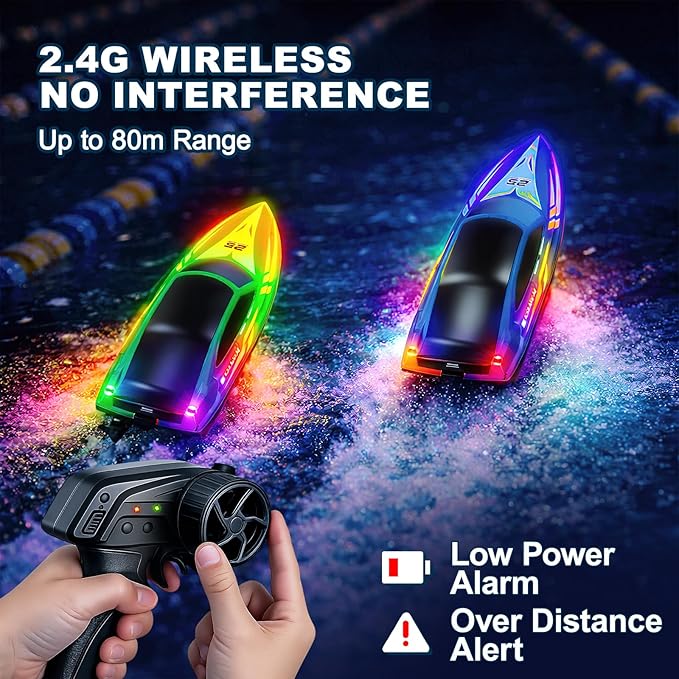 RC Boat with 7-Mode Colorful LED Lights10 Inch Remote Control Boat15KM/H High Speed2.4GHz3 Speed Modes2 Rechargeable BatteriesAuto Flip RecoveryPool &amp Lake Racing Gifts for Kids &amp Adult