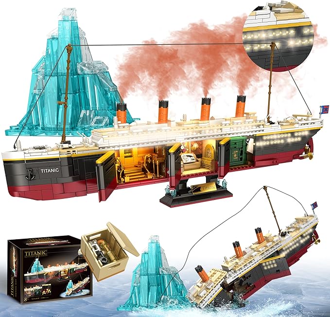 Titanic Building Blocks Set 2288 Pieces Big Ship Block Model Set with Light Strip Glacier Ideal Gift for Adults
