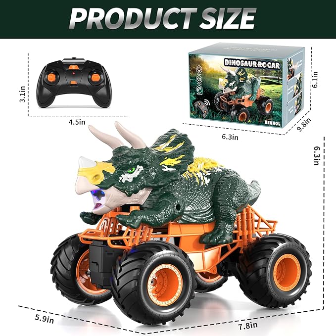 Bennol Remote Control Dinosaur Car for Boys Kids 2.4Ghz RC Triceratops Truck Toy for Toddlers Electric Hobby RC Car Toys with Light &amp Sound Spray for 3 4 5 6 7 8 Year olds Kids Boys Girls