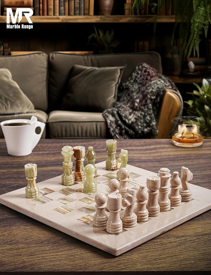 Marble Chess Set for Adults 12 Handmade Verona &amp Green Board Game with 32 Chess Pieces 2 Extra Queens &amp Storage Box Luxury Travel Game Elegant for Home Decor