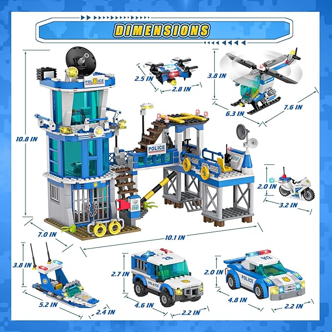 982Pcs City Police Station Building Toy Set - 6-in-1 Emergency Rescue Center with Police Car Boat Helicopter &amp Motorcycle - STEM Police Playset Gift for Kids Boys Girls Ages 6-12
