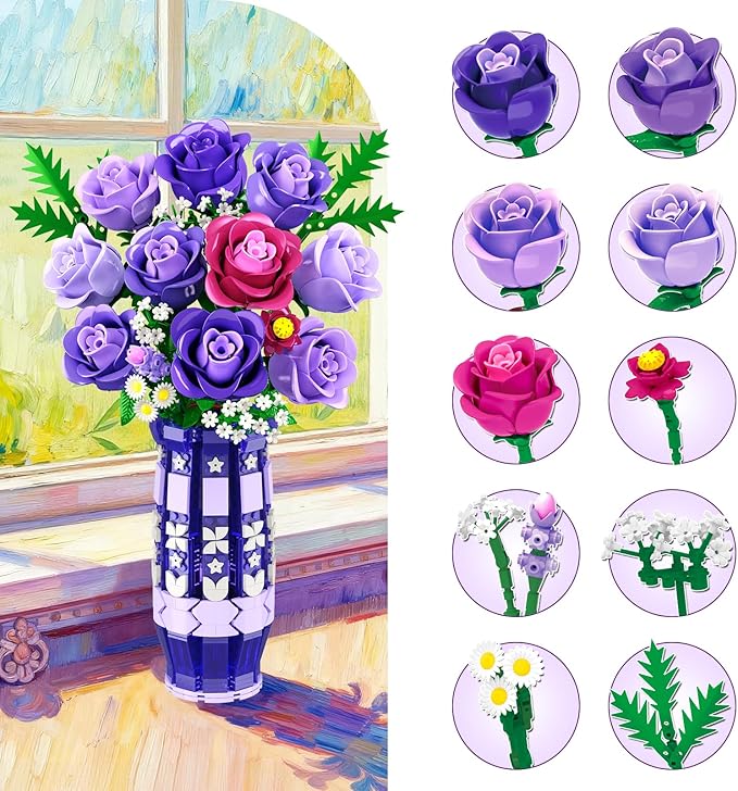 Purple Roses Flowers Building Set with Vase &amp LED Light 17 Mini Flowers Bouquet Building Blocks Toy for Adults Artificial Flowers for Home Office Decor &amp Display Gifts for Women &amp Men