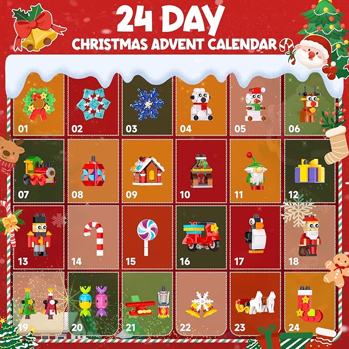 Christmas Advent Calendar 2025 Building Sets 24 Packs Christmas Ornaments Building Kit Christmas Tree/Santa/Reindeer/ Gingerbread/Penguin/Nutcracker/Snowflakes Xmas Gifts for Party Favor Kids 6+