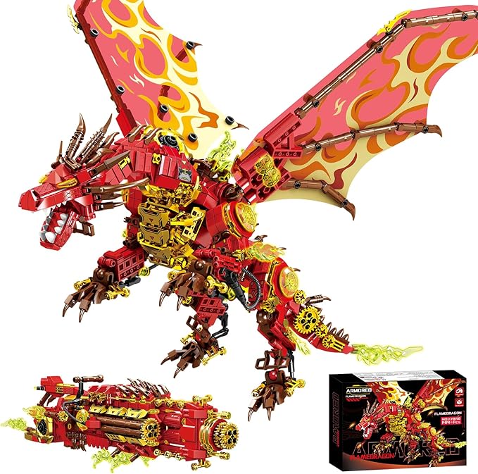Armored Flaming Dragon Building Blocks Set Mechanical Style Red Dragon Model with Flame Details 3D Construction ToyIdeal Gift for Adults &amp Teens.