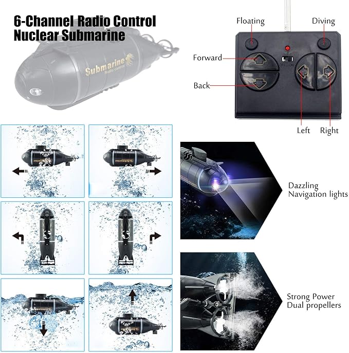 Tipmant Mini Remote Control Nuclear Submarine Toy RC Boat Electric Water Kids Birthday Gifts (Black)