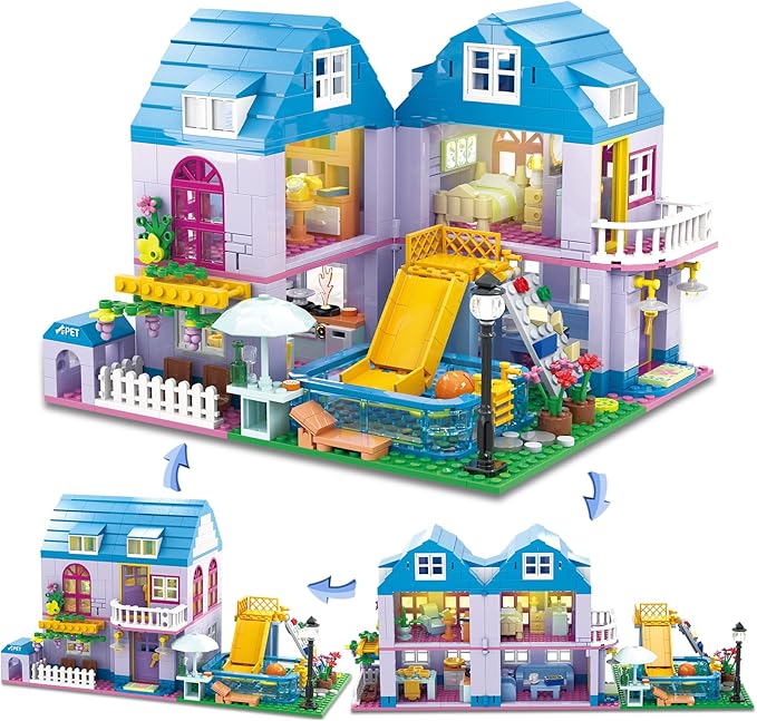 3 in 1 Girls Summer Villa Friends Building Set Compatible with Lego Friends with Swimming Pool Slide &amp Pet Home- Creative Modular House Playset for Kids Aged 6+