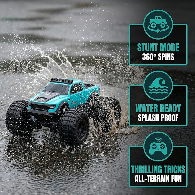 8816 1:12 Amphibious Remote Control Car with Full Proportional Steering-Fully Waterproof All Terrain RC Monster Truck for Kids 6-12+ 7.4V 4WD 2.4Ghz 60+ Min Dual Battery Blue
