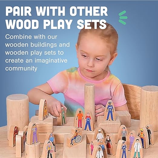 Constructive Playthings Wooden Community Helpers 25-Piece Wood Block Play Figurine Set Freestanding Inclusive and Diverse Wood Toy Figures for Kids Ages 3+