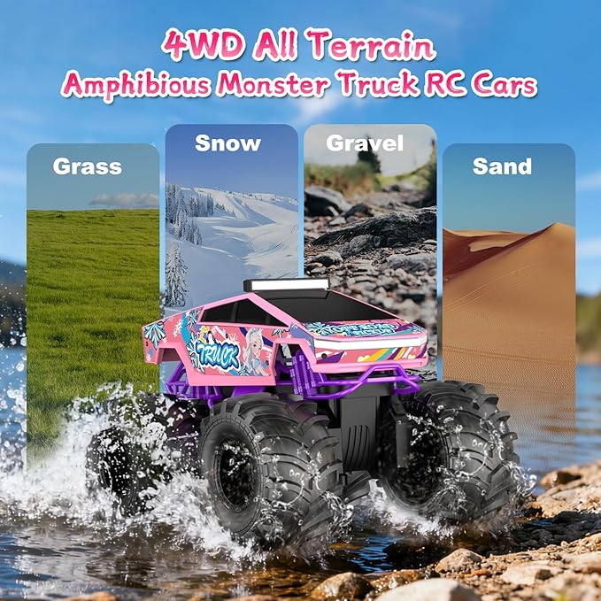 Remote Control Car for Girls1:18 Pink Monster Truck Toys Amphibious RC Cars 2.4 GHz Waterproof RC Trucks 4WD All Terrain Off-Road Pickup Girls Toys for 6-12 Year Old Kids Christmas Birthday Gifts