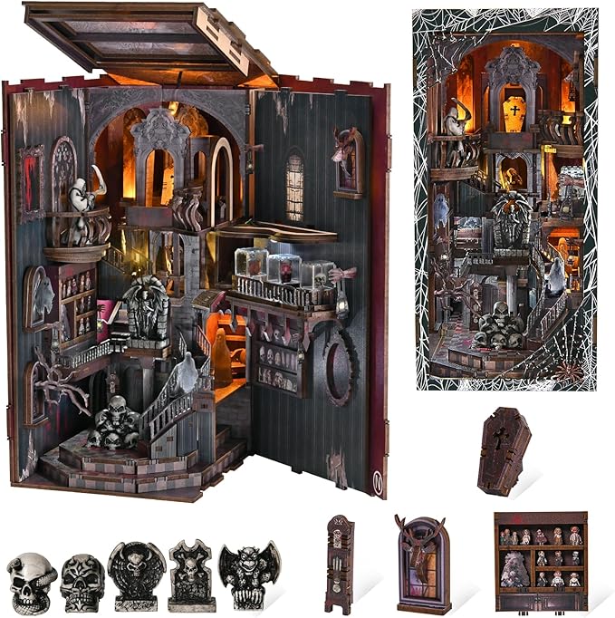 Book Nook Kit DIY Doll House Booknook Miniature Kit for Bookshelf Doll Houses for Adults Teen Halloween 3D Wooden Puzzle Bookends with Led Light and Dust Cover (Haunting Relics)