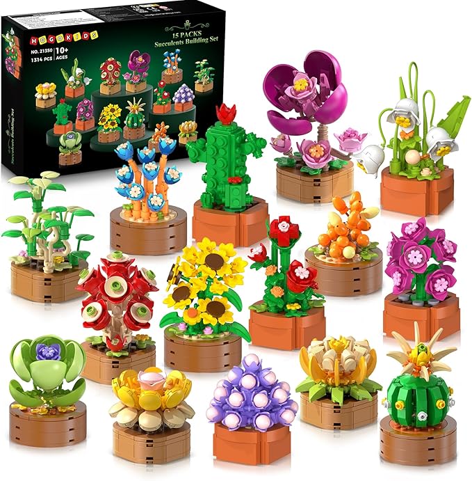HOGOKIDS 15 Pack Flowers Succulents Mini Building Set for Adults Kids - 1314PCS Flower Plant Botanical Collection 3.6MM Bricks Toys Home Office Décor Easter Gifts for Women Boys Girls Age 6+