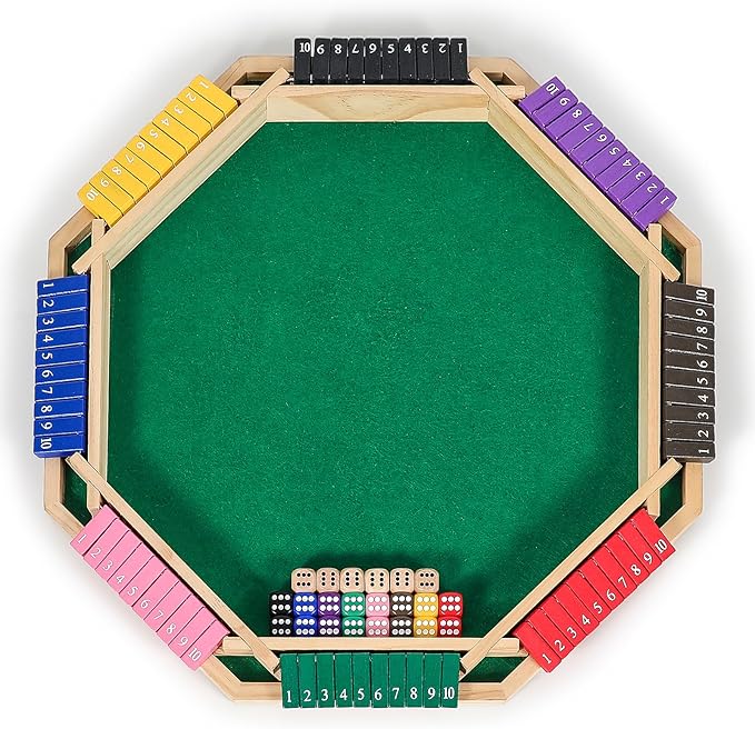 Vamslove Upgraded 2-8 Players Shut The Box Dice Game-Colorful 8-Way Wooden Board Table Math Game with 16 +6 Dices - Close The Box for Kids Adults Families Party Club (Instruction Included)