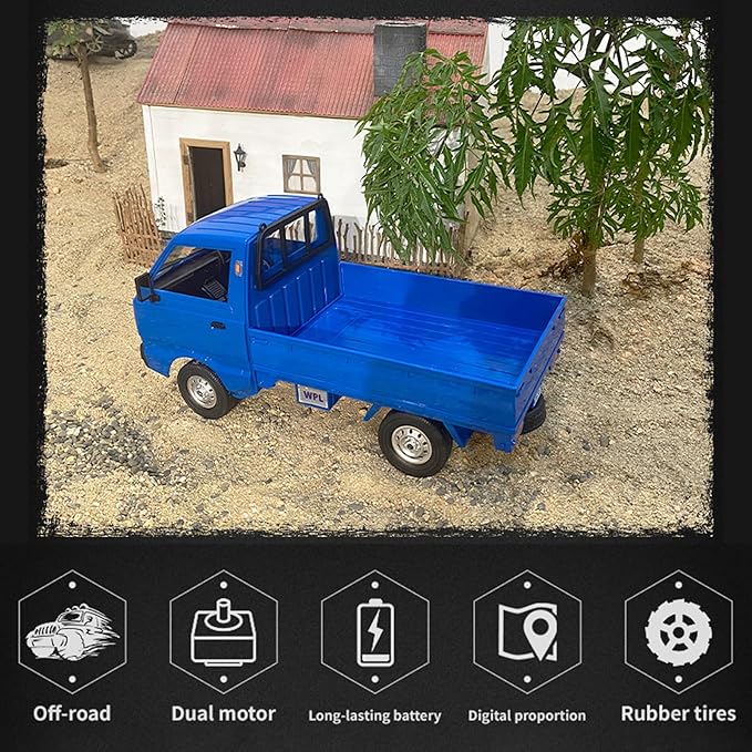 WPL D12 RC Kei Truck 1:10 Scale Remote Control Drift Car 2.4GHz All Terrain Off Road Pickup Truck Crawler with Brushed Motor LED Headlights 2 Batteries RTR for Adults (Blue)