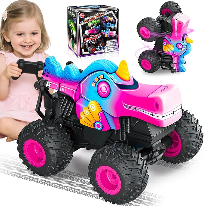 YongnKids Remote Control Car for Girls 2.4Ghz Unicorn Monster Trucks with Light &amp MusicUnicorn Toys for Girls Age 3 4 5 6 7 8 Years 360° Rotating All Terrain RC Stunt Car Rechargeable Xmas Gift