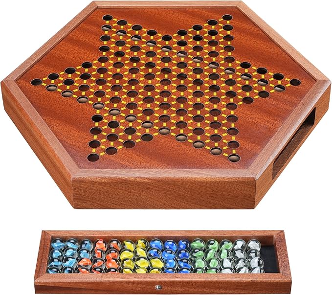 14.2 Wooden Chinese Checkers Board Game with Storage Drawer | 6-Player Marble Strategy Game | Classic Family Board Game for Kids &amp Adults | 16mm 60+12 Colorful Glass Marbles More Easy Grasping