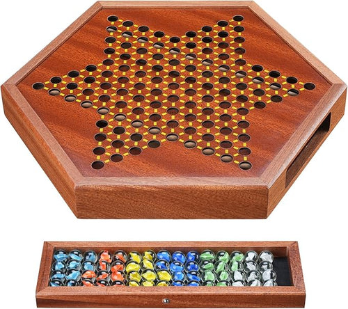 14.2 Wooden Chinese Checkers Board Game with Storage Drawer | 6-Player Marble Strategy Game | Classic Family Board Game for Kids &amp Adults | 16mm 60+12 Colorful Glass Marbles More Easy Grasping