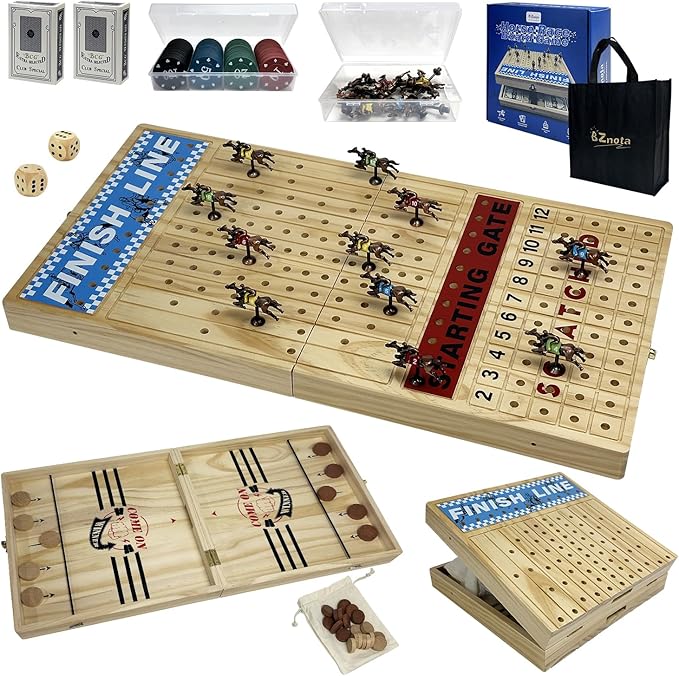 Large 23 inches Horse Racing Board Game with 11 Luxury Metal Numbered Horses Foldable Wood Horse Race Board Game with 2 Sets of Dice 2 Boxes of Cards 80pc Poker Chips for Parties and Gambling