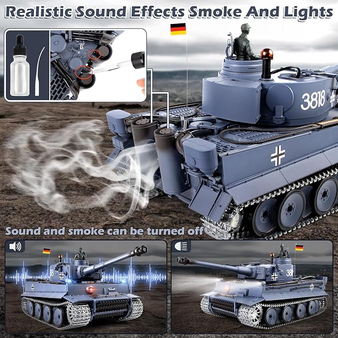 1/16 RC Tank Heng Long Metal Tiger I Army Toy with Smoke Sound and Lights Remote Control Tank That Shoots with Upgraded Metal Tracks Idler and Sprocket Wheel Steel Gearbox Batteries*2