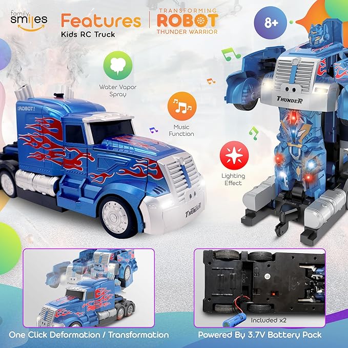 Kids Transforming Robot RC Truck Toys Boys Ages 8-13 Remote Control Car 2 Batteries