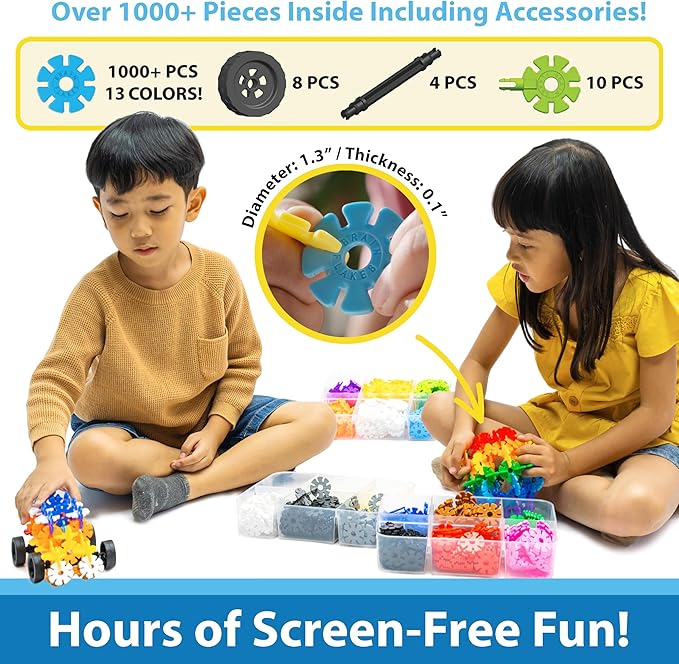Brain Flakes 1000 Piece Sort ‘n’ Snap Set - Wheel Pieces and Special Parts Included - A Great Stem Toy for Both Boys and Girls