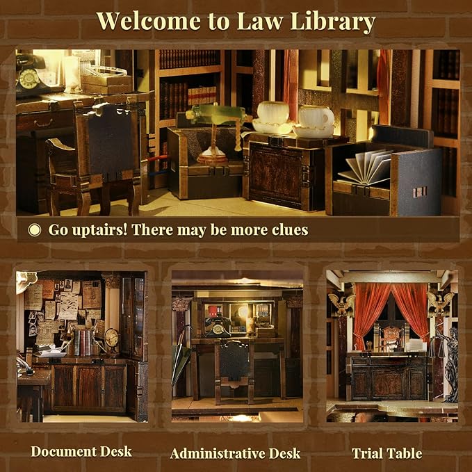 Book Nook Kit DIY Dollhouse Booknook Book Nook Miniature Kit for Bookshelf Insert Decor Crafts for Adults Teen Halloween 3D Wooden Puzzle with Led Light (Law Library)