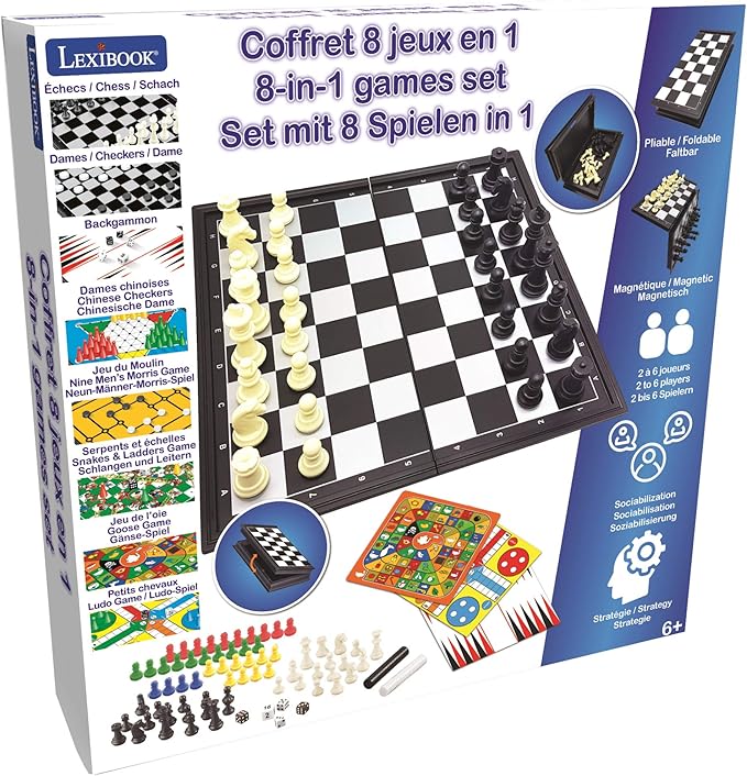 LEXiBOOK 8-in-1 Games Set Chess Checkers Backgammon Chinese Checkers Nine Men's Morris Snakes &amp Ladders Goose Ludo 2-6 Players Ages 6+