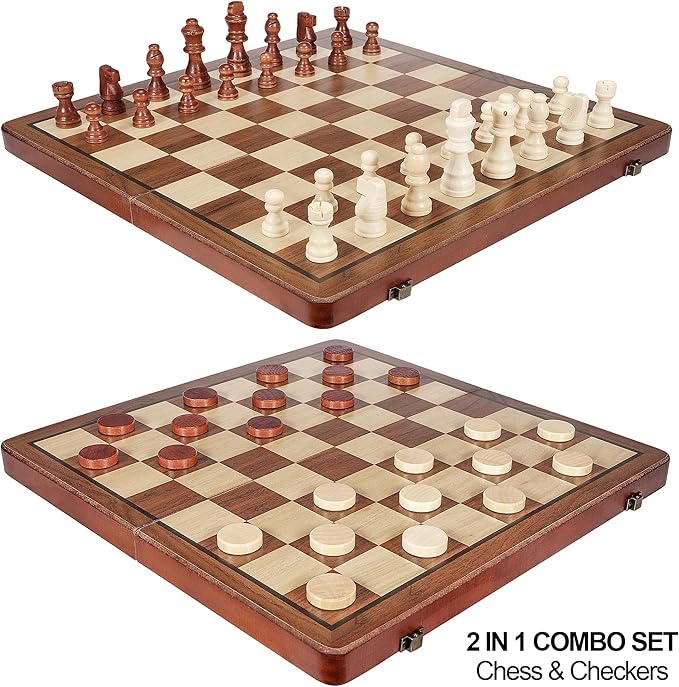 2 in 1 Wooden Chess and Checkers Set - Folding Magnetic Chess Board with Storage Slots Chess Pieces Portable Travel Chess Set for Adults &amp Kids Includes Carry Bag