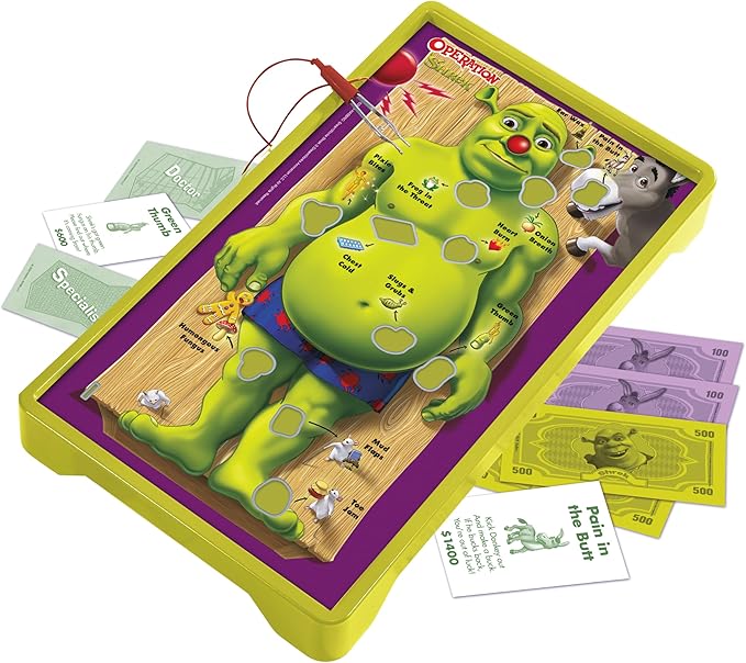 Operation: Shrek Board Game Featuring 12 Custom Shrek “Funatomy” Pieces from Pixie Bites to Pain in The Butt Donkey Classic Electronic Remove The Objects or Get The Buzzer Game Officially Licensed