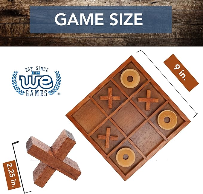 Wooden Tic Tac Toe Game – 9 Inch Solid Wood Board with X and O Pieces Decorative Coffee Table Game Classic Home Décor Accent