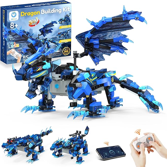 Sillbird Dragon Building Kit with Remote Control STEM Gifts for Kids Boys Ages 8-12 Technic Buildable 3in1 Models Coding Toys for Birthday with 590 Pieces
