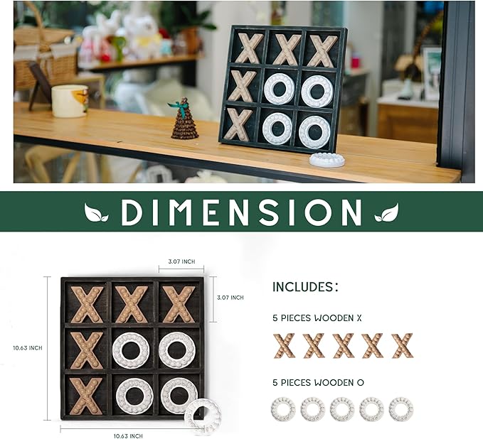 GENMOUS Wooden Tic Tac Toe Game Board for Seniors Family Indoor Game 10.6 Inch Black Rustic Giant Tic Tac Toe Coffee Table Decor Tic Tac Toe Board Game Fun for Family Travel Outdoor Game Room Decor