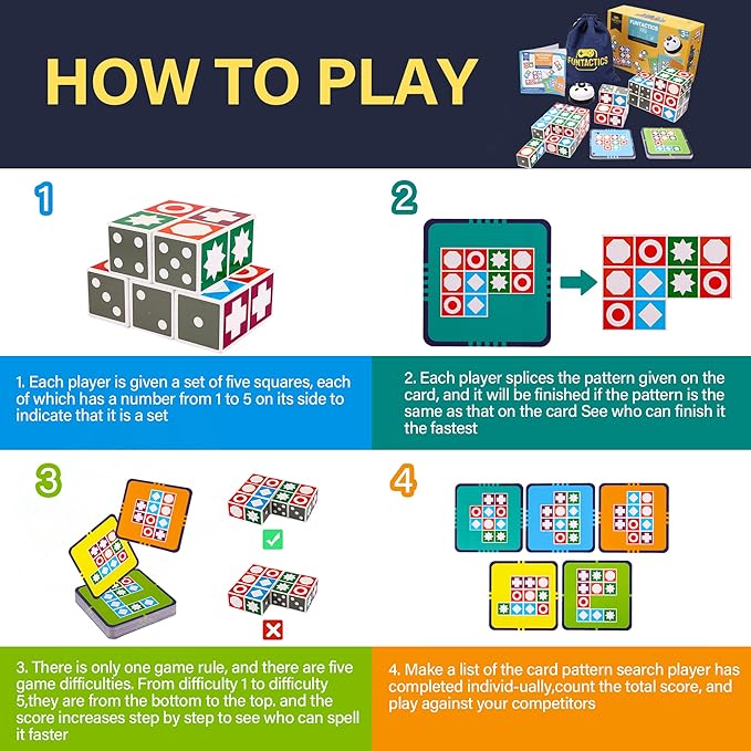 XXL Funtactics Wooden Matching Game Puzzle 3.0 Games Pattern Block Match Puzzles Building Cubes with Bell for Kids and Adults Toys Board Games for Family Holidays Night 5 Players